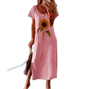 Vestido feminino redondo, padrão girassol de linho com manga curta respirável para festa a casa