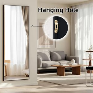 Full Length <b>Mirror</b> 56x21 Black <b>Rectangle</b> Floor <b>Mirror</b> With Stand Aluminum Alloy Frame Tempered Glass Minimalist Design - Product Image 3