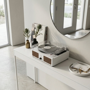 Tourne-disque <span class=keywords><strong>vinyle</strong></span> moderne blanc avec connexion <span class=keywords><strong>Bluetooth</strong></span> sans fil, 3 vitesses, idéal pour les mariages et les cadeaux d'anniversaire - Product Image 1