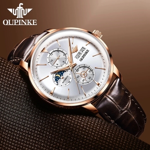 OUPINKE 3309 <b>Mechanical</b> Wrist watch for Men Auto Date Moon Phase Waterproof TOP Brand Man Hand <b>Clock</b> Leather Strap Men Watches - Product Image 3