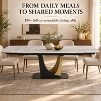 Table à manger moderne extensible en céramique 180-260 cm avec plateau en verre trempé et base en bronze noir pour salle à manger