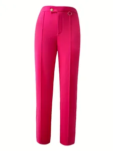 Großhändler elegante weibliche Plüschhosen Büro Lady rosa solide Slim gerade hohe Taille weibliche Breite Beine Hosen