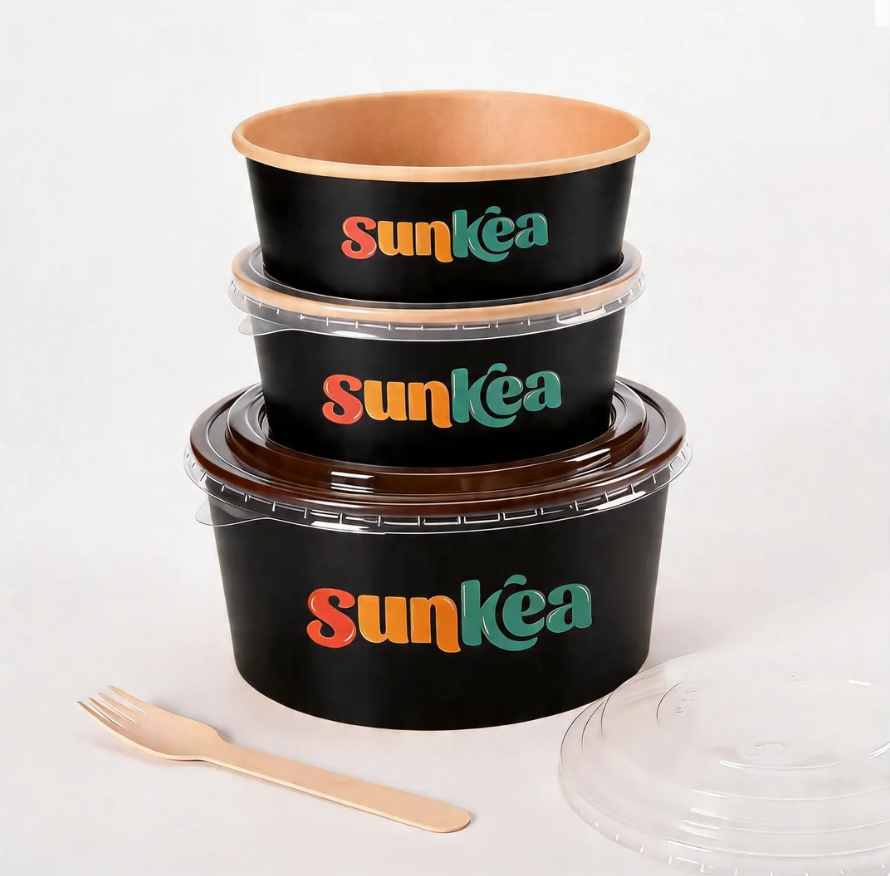 360ml-1500ml Custom Printed Kraft Paper Salad Bowl/Disposable Round Takeaway Bowl With Lid/ Eco-Friendly Food Container
