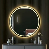 Miroir LED rond moderne sans cadre à écran tactile intelligent, mural, pour maquillage, avec rétroéclairage dimmable, idéal pour chambre d'hôtel, vente en gros