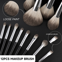 Lot de 12 pinceaux de maquillage professionnels OEM personnalisés pour la vente en gros, avec manches noirs mats écologiques et étiquetés, ensemble complet avec sac