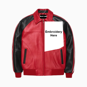 Chaqueta Bomber de Cuero Genuino Rojo para Hombre, con Cuello Alto, Bordado y Cierre de un Solo Botón, para Invierno - Product Image 5