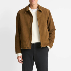 Men's <strong>Brown</strong> Suede <strong>Leather</strong> <strong>Jacket</strong> Casual Zip up Collared Bomber <strong>Jacket</strong> Vintage Short Coat for Spring Autumn - Product Image 2