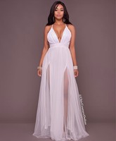 Vestido largo de noche para damas de honor, malla con escote en V profundo, abertura entrecruzada, espalda descubierta