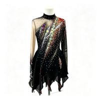 Robe de patinage artistique noire à col montant, dos en V profond en maille, strass colorés, jupe asymétrique pour filles et adultes
