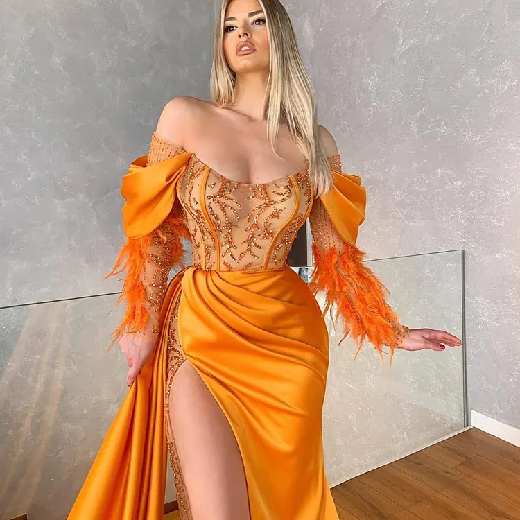 ODM Gorgeous Sweep Train Beaded Pageant Feathers High Split Prom Gown Orange Mermaid Satin Long Evening Dresses Lang Abendkleid