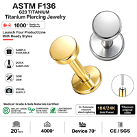 Bijou de piercing corporel en titane hypoallergénique de qualité implant G23 ASTM F136, plaqué or 18K 24K, labret à poussoir sans filetage
