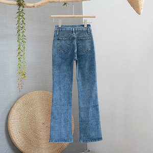 Flared Jeans Mid Waist Straight Leg Regular Fit Double Button <b>Stretch</b> <b>Denim</b> Women's Pants Retro Slit Colored Wash - Product Image 3