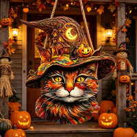 Panneau décoratif mural en bois 2D fait main et durable pour Halloween, motif chat en chapeau, pour porte d'entrée et usage intérieur