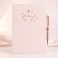 Carnet de Gratitude Personnalisé Couverture Rigide Rose Poudré avec Paillettes Or Rose et Stylo Cristal – Coffret Cadeau OEM en Gros
