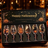 Ensemble de 6 verres à vin sur pied peints à la main, thème Halloween, style 2026, artisanat décoratif en verre, motif dessin animé