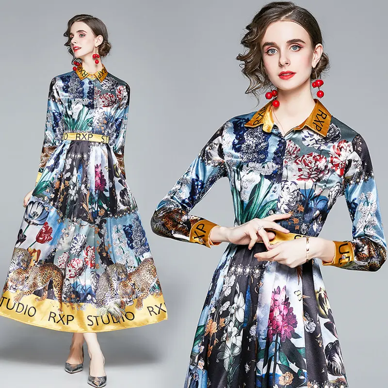 Klaar Om Guangzhou Factory Prijs Hoge Kwaliteit Fashion Polo Hals Op Trend Dames Kleding Cut De Label Digital Print jurk