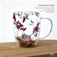 Tasse en verre borosilicate transparent à double paroi, résistante à la chaleur, avec poignée, pour café et fleurs séchées