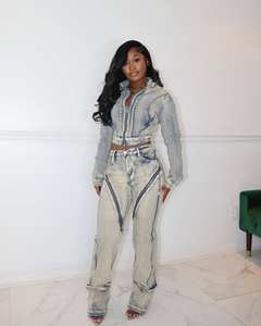 C2273 sıcak satış yeni gelenler örgü seksi streç yıkanmış fermuar Denim ceket kot 2 parça Set - Product Image 1