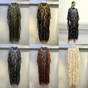 Robe Abaya en Chiffon à Col Rond et Manches 3/4, Style Dubaï, Noir et Or, Ornée de Perles, Kaftan Modeste, Robe Longue Maxi pour Femme, Vente en Gros - Product Image 5