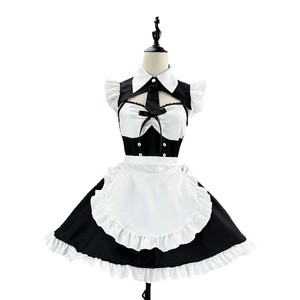 Maid Outfit Black Satin Backless A-Line Turn-down Collar Cosplay Costume Plus Size Game Uniform - Product Image 5