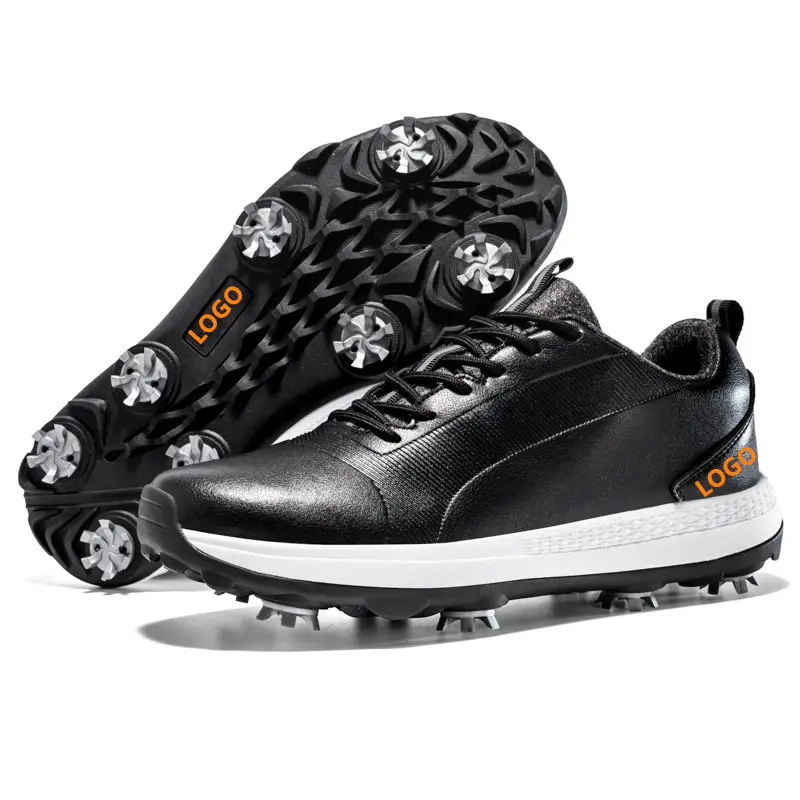 Golf Shoes Custom Logo Non Slip Leather Black Spikes Waterproof Athletic Professional Sports Golf Shoes for Men Big Size 47