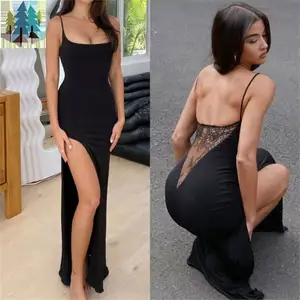 स्प्रिंग ड्रेस 2024 नई यूरोपीय और स्टाइल सुरुचिपूर्ण सेक्सी कमर ट्रिमिंग हाई स्लिट डिज़ाइन स्ट्रैप ड्रेस शाम की लंबी स्कर्ट
