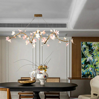 Lustre linéaire en céramique française à motif floral, branche dorée, LED, luminaire suspendu pour salle à manger