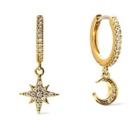 Milskye Boucles d'oreilles créoles en zircon plaqué or 18 carats en argent sterling 925 avec cercle de lune et étoiles
