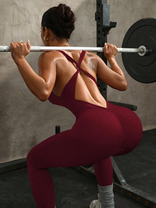 Mono de yoga de una pieza con espalda cruzada para mujer, ajuste ceñido, transpirable, de secado rápido, elástico en cuatro direcciones, ligero, hasta la rodilla - Product Image 2