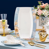 Service de vaisselle en porcelaine écologique Bishui Jiaren - Réutilisable, compatible lave-vaisselle, 60 pièces, design élégant floral avec bord doré pour les fêtes