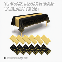 HengSu Lot de 12 Chemins de Table Rectangulaires en Plastique Noir et Or Jetables Effet Satiné pour Mariages et Anniversaires