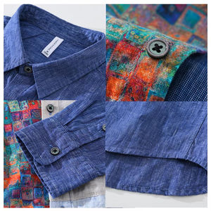 Chemises à manches longues en lin pur de haute qualité personnalisées pour hommes, boutons décontractés, impression numérique patchwork, chemise en lin - Product Image 2