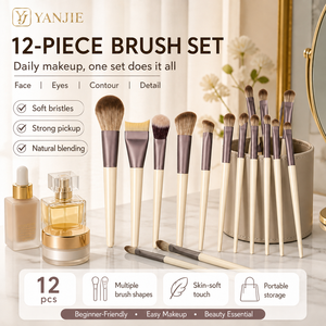 Neues YANJIE 12-teiliges Synthetikfaser-Make-up-Pinsel-Set mit Fächer- und Flachpinseln für Gesicht, Lidschatten, Eyeliner - Anfängerfreundlich - Product Image 1