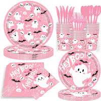 Nicro Offre Spéciale – Ensemble Assiettes, Gobelets et Serviettes Jetables Thème Horreur Rose (Fantôme, Crâne, Chauve-souris) pour 20 Personnes – Décoration de Fête d'Halloween