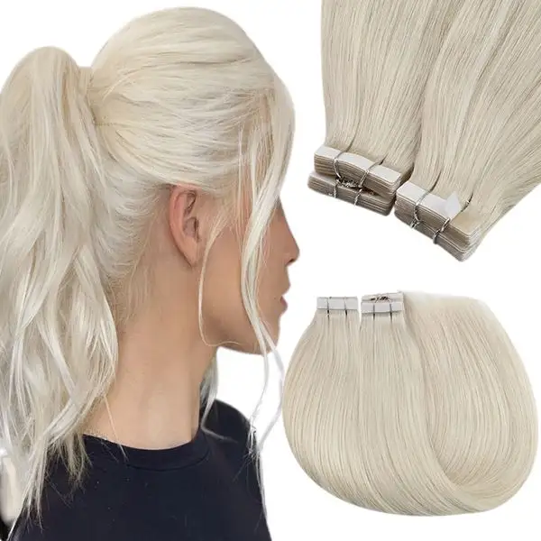최고 품질 12A 처녀 머리 흰색 금발 색상 유럽 Cabello Humano 천연 보이지 않는 테이프 인모 확장에서