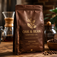 Sachet de café noir mat personnalisé à fond plat avec valve et fermeture éclair imprimée