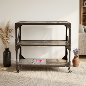 Estantes vintage de madera de acacia y metal con ruedas de hierro, estanterías de cocina de 3 niveles, estanterías multiusos para sala de estar, para casa de campo - Product Image 3