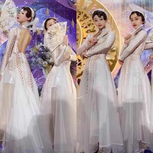 Robe de créateur Maxi pour femme, manches longues, élégantes, blanches, avec strass, pour les soirées en <span class=keywords><strong>club</strong></span>, les spectacles de danse Drag <span class=keywords><strong>Queen</strong></span> Stage - Product Image 3