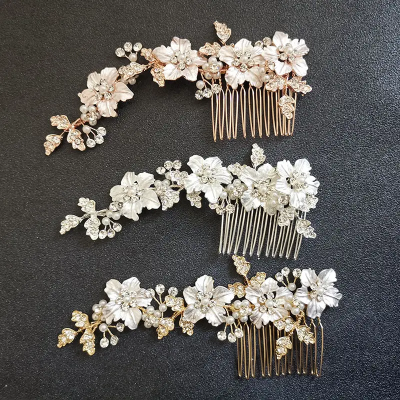 SLBRIDAL Handgemachte Strass Kristalle Perlen Blatt Blume Hochzeit Haar Kamm Braut Kopfschmuck Haar zubehör Frauen Schmuck