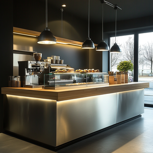 Comptoir de caisse personnalisé en acier inoxydable et en bois pour café, restaurant, hôtel - Product Image 5