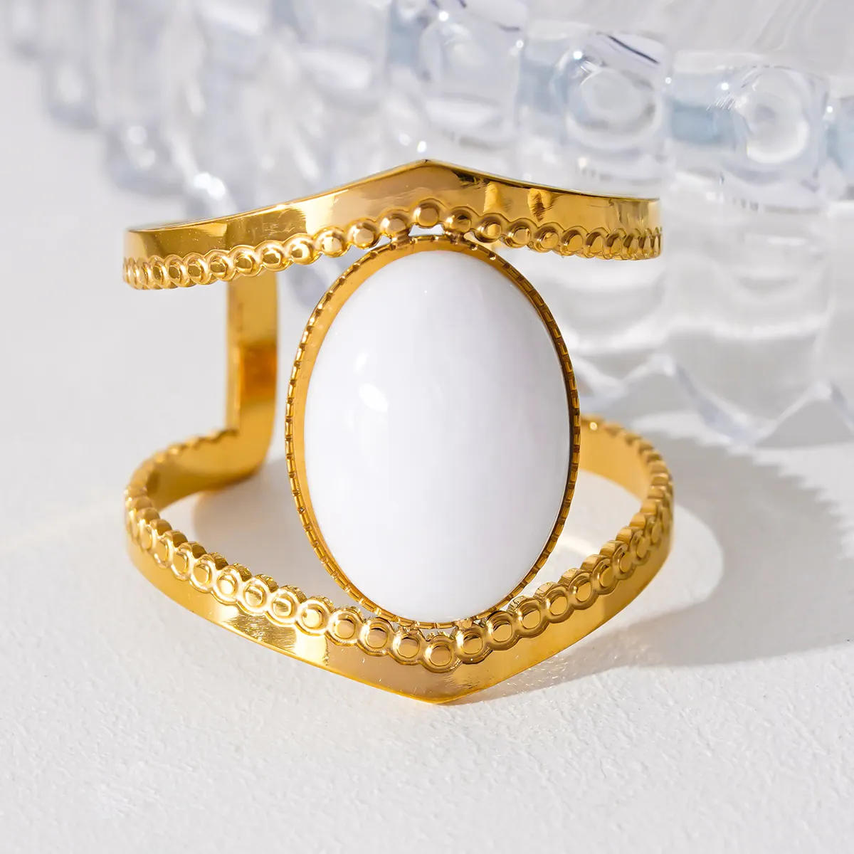 אופנה חוצה גבולות אישיות אופנתית פשוטה גיאומטרית חלולה אבן טבעית אבן טבעית מתכווננת טבעת פתיחה מתאימה לנשים