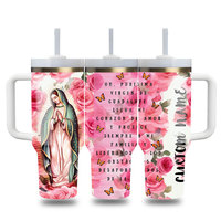 Venta al por mayor a granel: Vaso térmico de acero inoxidable con logo personalizado de Nuestra Señora Virgen de Guadalupe y Jesús, con asa y pajita.