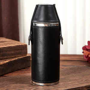 Botella de Vino Portátil de Acero Inoxidable, Cilíndrica, con Funda de Cuero Marrón, para Exteriores, 7 oz. Recipiente Grande con Aislamiento al Vacío, Ecológico y a Prueba de Fugas - Product Image 4