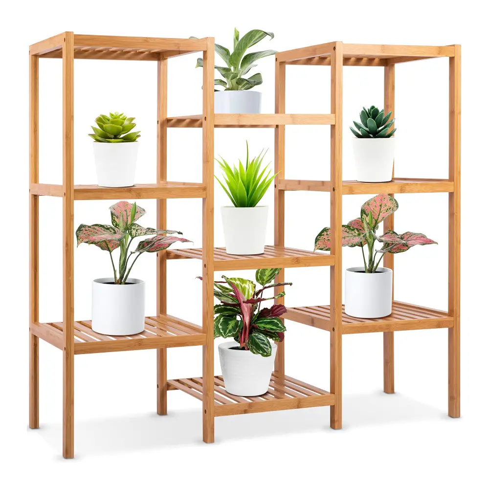 Bamboo 9 Tier Plant Stand Free Standing Storage Shelves for Multiple Potted Plants Corner Shelf House Accessories Indoor
