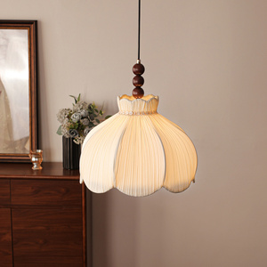 Lustre artisanal à pampilles en <span class=keywords><strong>tissu</strong></span> plissé, triple <span class=keywords><strong>boule</strong></span> de bois, style rétro Wabi-sabi, lampe suspendue en forme de fleur pour crème française - Product Image 4