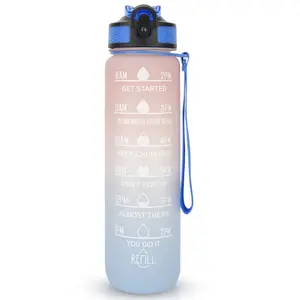 ขวดน้ำพลาสติก Tritan ปากกว้างกันรั่วสำหรับยิมฟิตเนส,ปราศจากสาร BPA โทนสีสร้างแรงบันดาลใจขนาด32ออนซ์พร้อมเครื่องหมายบอกเวลา