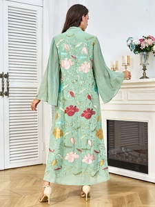 Robe Abaya Modeste Vintage en Polyester Respirant pour Femme, avec Paillettes, Pompons et Motifs Floraux, Longueur Ras du Sol, Vêtement de Mariage Tendance - Product Image 3