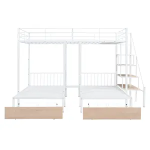 भंडारण दराज के साथ जुड़वां ट्रिपल बंक बिस्तर पर भरा सीडवे, धातु संरचना बेडफ्रेम सुरक्षा गार्ड, सफेद