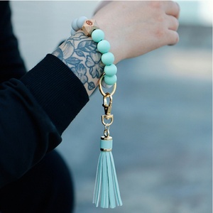 Hot Selling Colorful Wood Bead Wristlet <b>Key</b> <b>Chain</b> Retro Bracelet Bangle PU Leather Tassel Wristbands Keychain - Product Image 5