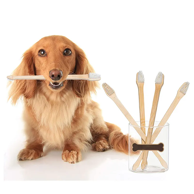 Cepillo de dientes Biodegradable para perros, cepillo de dientes de madera de bambú para mascotas, productos de limpieza y aseo
